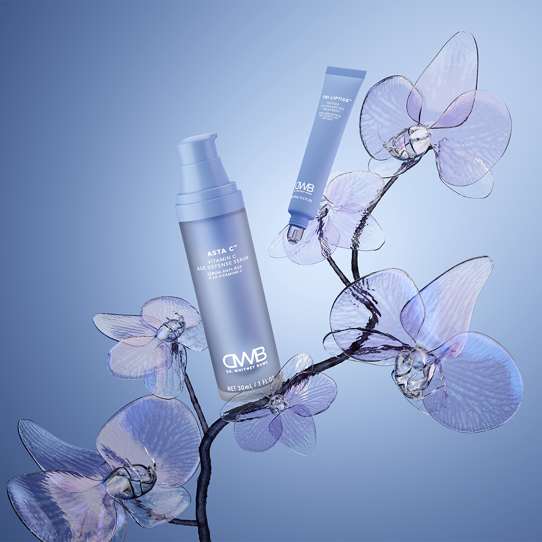 3d render of glass orchids with a lip product nestled between the flowers